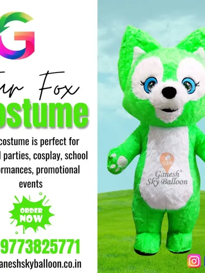 This promotional image showcases our green fur fox costume, perfect for themed parties and school events. The vibrant color stands out in any setting.