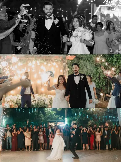 The couple's grand entrance to the reception, surrounded by guests with sparklers. This collage captures the energy and excitement of the celebration.