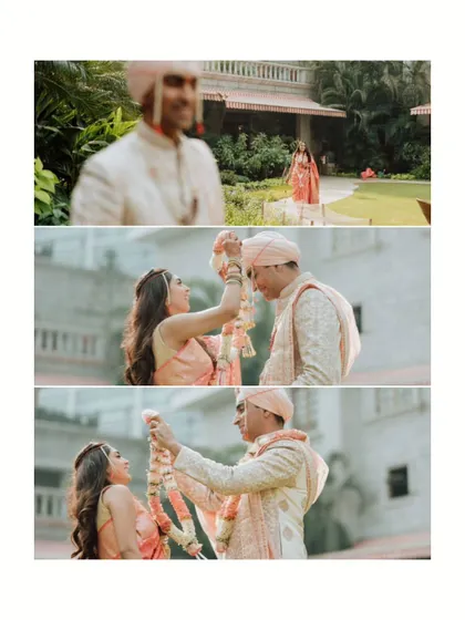 The Varmala ceremony, captured in a series of photos showing the first look and the exchange of garlands.