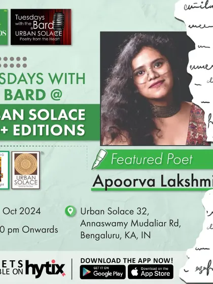The official Hytix poster for our event with featured poet Apoorva Lakshmi Ragi, a multi-passionate artist exploring themes of self-awareness and urban feminism.