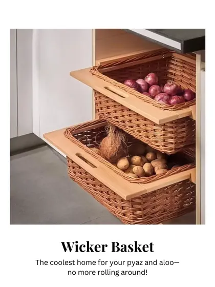 Smart storage is key in any kitchen. These pull-out wicker baskets are the perfect home for onions and potatoes, keeping them organized and allowing for air circulation to prevent them from rolling around.