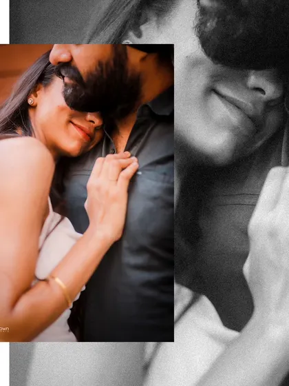 An artistic collage blending colour and black and white. This pre-wedding photo focuses on intimate details like a gentle embrace and a happy, serene expression.