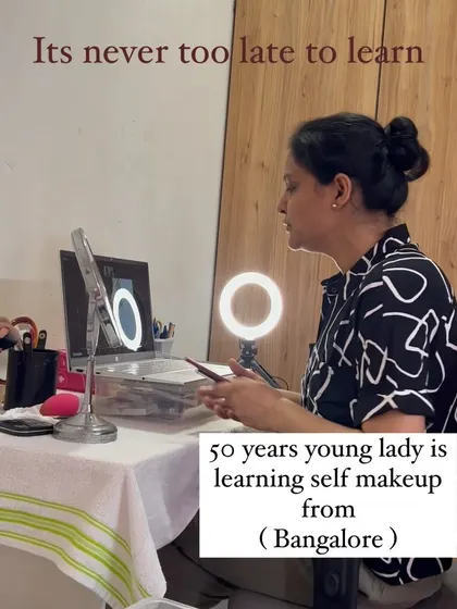 It is never too late to learn. A 50-year-old lady from Bangalore learning self makeup in an online session, proving that age is just a number when it comes to self-care.