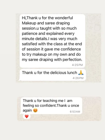 "I was very much satisfied with the class." This student felt confident to try makeup and saree draping on her own after our session.