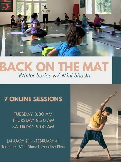 A collage for the "Back on the Mat" online series, showing both group practice and individual poses. All sessions are recorded and uploaded for you to practice at your pace.