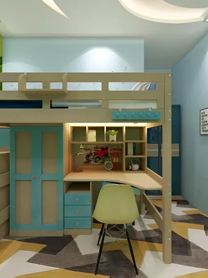 This loft bed design is a complete kid's haven, with a bed on top, and a desk and wardrobe underneath. The blue and beige color scheme is calm and stylish.