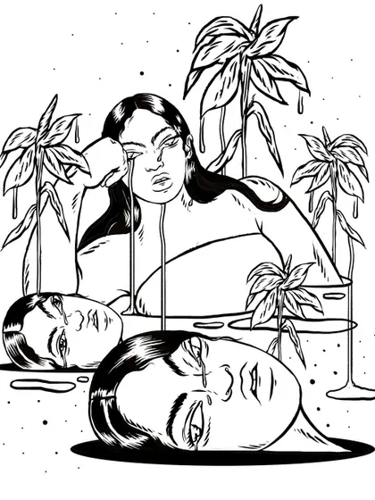 The ink drawing for the "Sadness/Melancholy" piece. Stripped of color, the focus shifts to the expressive lines and the composition of the figures, highlighting the raw emotion and fluidity of the scene.