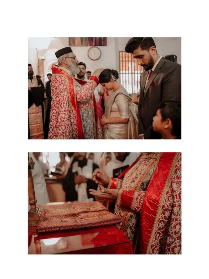 A collage showing the priest giving blessings during a Christian wedding, focusing on the sacred rituals.