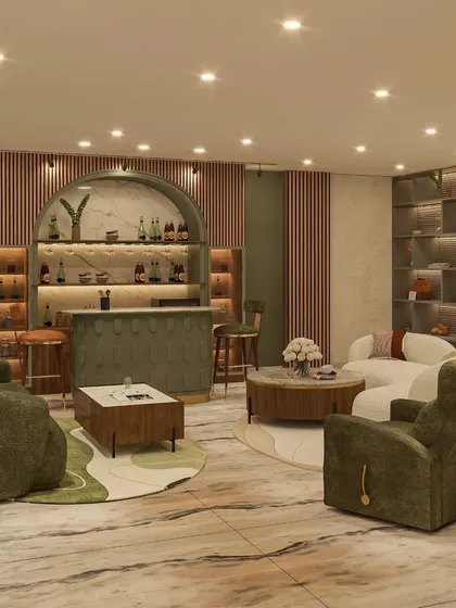 This luxurious basement retreat seamlessly blends a sophisticated bar area with a cozy lounge, featuring an earthy olive green and warm wood palette.