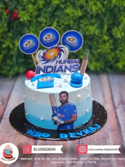 A Mumbai Indians themed cake for Devraj's birthday. Featuring Rohit Sharma and the team logo, it's a great cake for a true MI supporter.