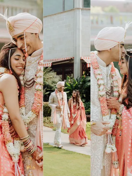 A collage of Tanvi and Dhrupad on their wedding day. The soft, pastel colors of their outfits and the warm natural light create a gentle and romantic set of portraits.
