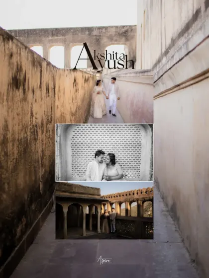 This collage captures the grandeur and intimacy of Ayush and Akshitha's pre-wedding shoot. From wide shots in narrow alleys to a classic black-and-white portrait, it shows the variety we can achieve in one location.