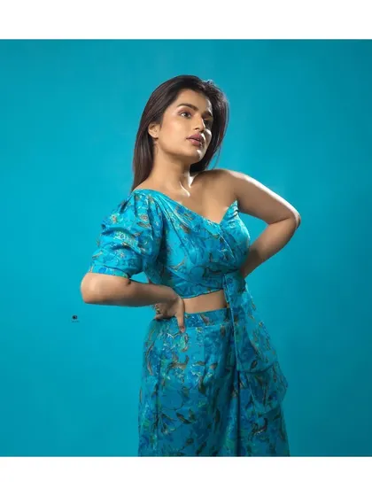 A final shot of the trendy blue floral co-ord set, available for rent.