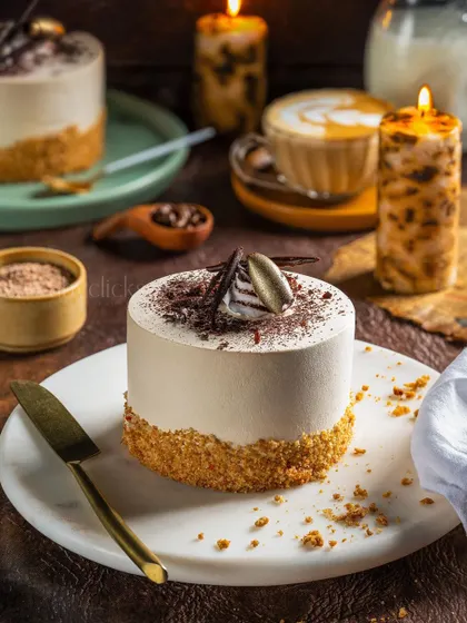 A Tiramisu mini cake on a marble platter, styled with lit candles to create a warm and inviting atmosphere.