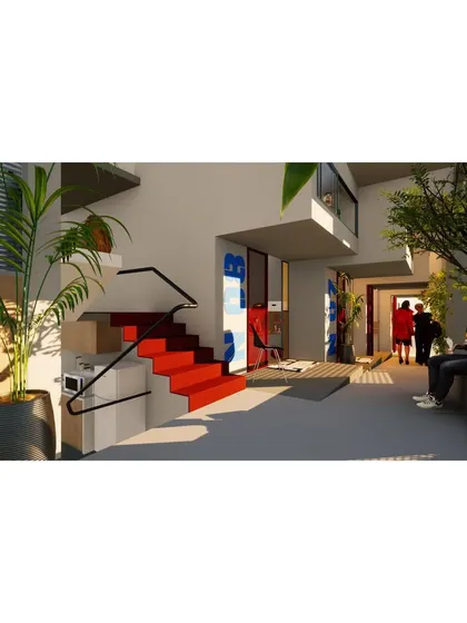 A rendering for the 'Coilspace' student hostel in Bengaluru. The design reimagines circulation space as social space, using ramps and open corridors to encourage interaction and create a sense of community among students.