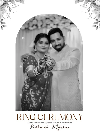 A black and white themed collage for a ring ceremony, elegantly capturing the couple showing their rings.