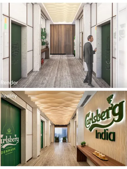 The transformation of the Carlsberg elevator lobby from a 3D render to the finished space. The wavy ceiling, brand signage, and material finishes are brought to life with remarkable accuracy.