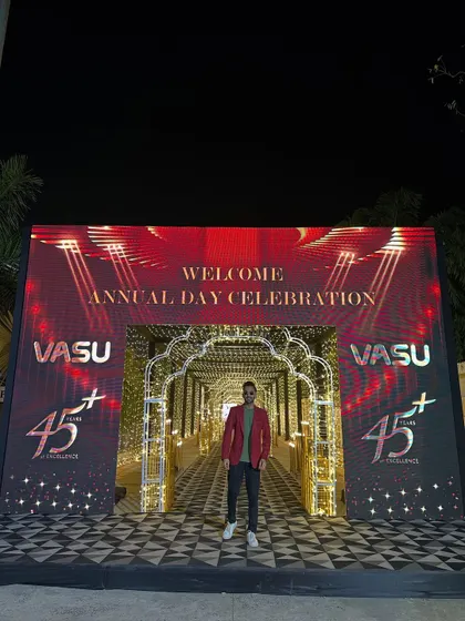 Arriving at the Vasu Healthcare Annual Day. I always arrive early to get a feel for the venue, coordinate with the event team, and prepare for the show. This grand entrance reflects the scale of the corporate celebration.
