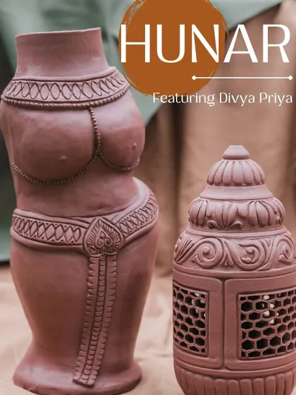 This image features the work of Divya, a painter and ceramic artist. For our Hunar pop-up, she draws inspiration from the majestic temples of Tamil Nadu, crafting one-of-a-kind sculptures that reflect a meditative process.