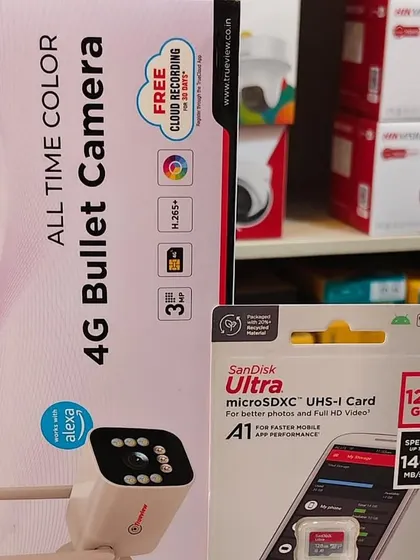 This Trueview 4G bullet camera is built for the outdoors and works with a SIM card. I pair it with a high-capacity memory card for reliable recording.