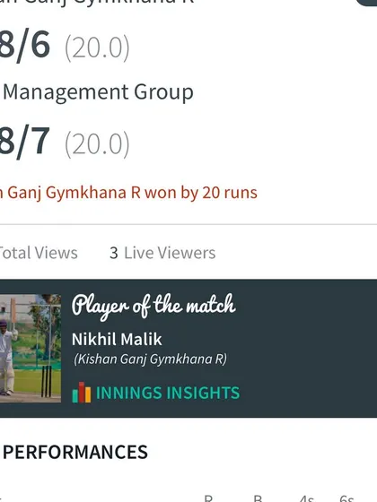 The match result showing our victory, powered by Nikhil Malik's 'Player of the Match' performance.