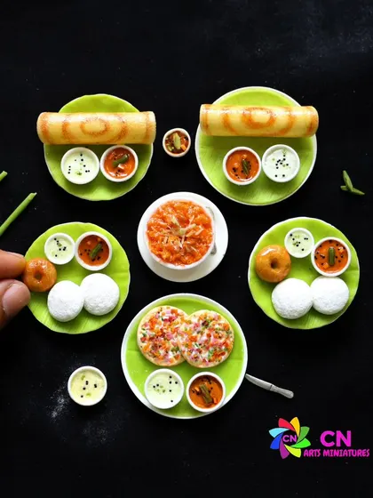 A beautiful display of various South Indian breakfast miniatures. Each dish is carefully crafted to look as realistic and delicious as its full-sized version.