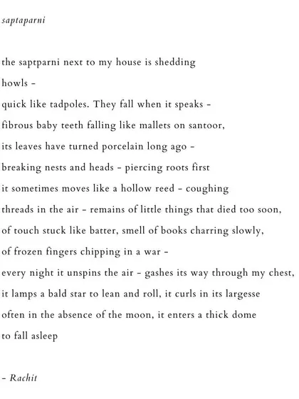 'saptaparni'. A poem personifying the saptaparni tree, describing its sounds and movements as it sheds its leaves.