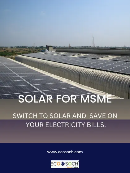 An expansive view of a solar installation for a Micro, Small & Medium Enterprise (MSME). We provide tailored solar solutions that help businesses of all sizes cut electricity costs and invest in a sustainable future.