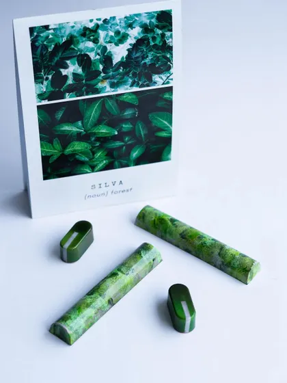 'Silva', meaning forest. These chocolates capture the dappled light and rich greens of a dense forest, showcasing how to create complex, layered patterns.