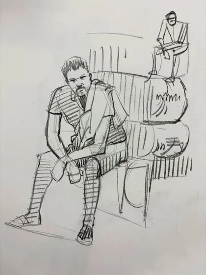 A sketch of a man sitting on stacked goods, a study in perspective and posing.