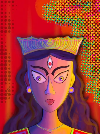 A modern interpretation of Goddess Durga, created with a vibrant, neon color palette inspired by the movie 'Spider-Man: Across the Spider-Verse'.