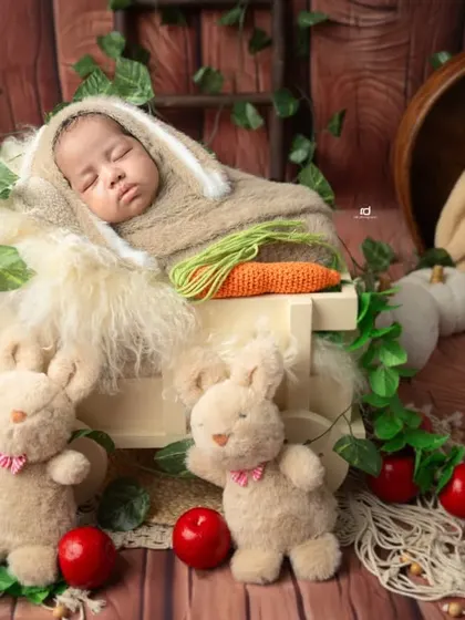 Another angle of our little bunny, surrounded by his fluffy friends in a cozy, rustic setting.