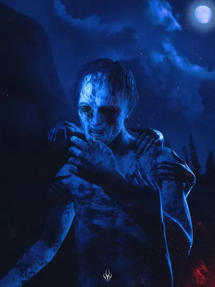 A piece I call a self-portrait, this shows a tormented figure being grabbed by unseen hands. The blue lighting and pained expression are meant to convey a sense of internal struggle and being overwhelmed.