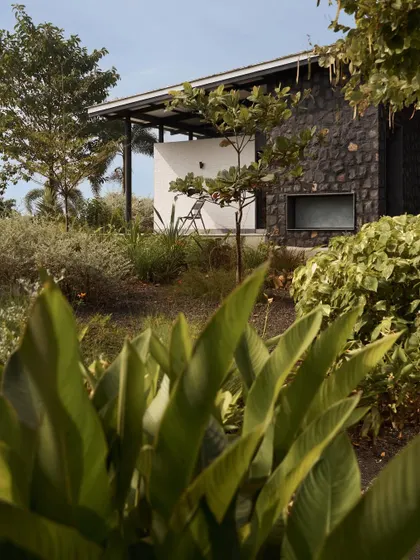 A view of Pavilion House through the lush foreground foliage, emphasizing its integration with the landscape.