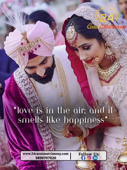 "Love is in the air; and it smells like happiness." A beautiful moment between a Sikh bride and groom, capturing the serenity and joy of their wedding ceremony.