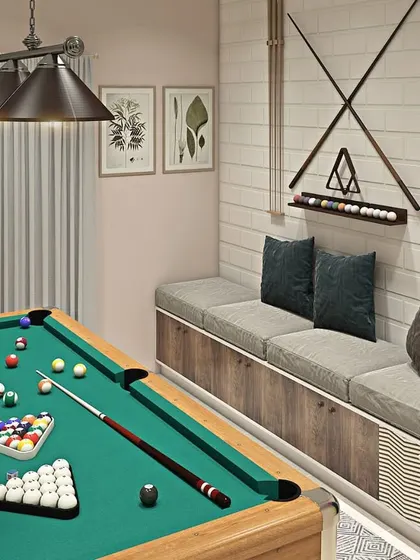 A concept for a recreational room featuring a pool table and built-in bench seating. This design is perfect for creating a fun and social space at home.