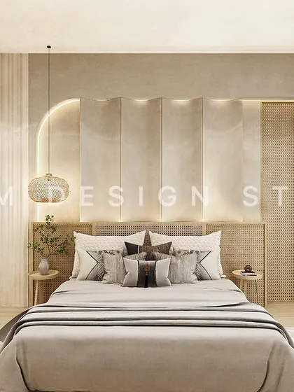 This bedroom blends Scandinavian simplicity with a nautical twist. The arched, padded headboard and light wood tones create a clean, coastal vibe for a peaceful retreat.