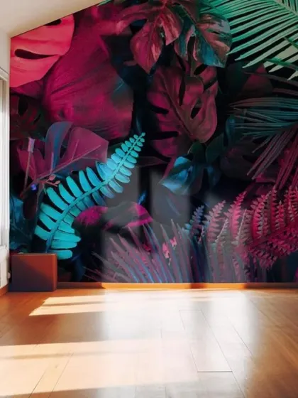 This vibrant, neon-colored tropical wallpaper makes a bold and energetic statement. The glowing pinks and blues against a dark background are perfect for a space that wants to stand out.