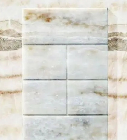 This image shows our earthen touch panel made from onyx marble. The natural bands and colors of the stone are preserved, creating a stunning and unique control interface.