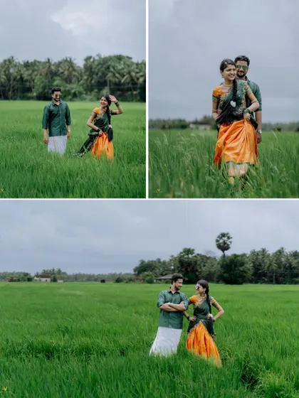 A collection of poses from a pre-wedding shoot in a paddy field, showcasing the beautiful landscape and the couple's connection.