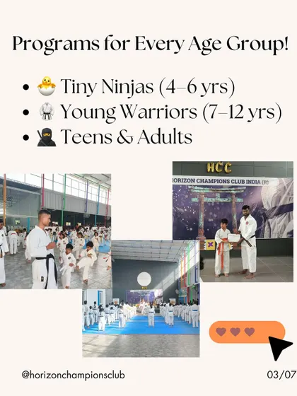 We have programs for every age group, including Tiny Ninjas (4-6 yrs), Young Warriors (7-12 yrs), and special batches for Teens & Adults.