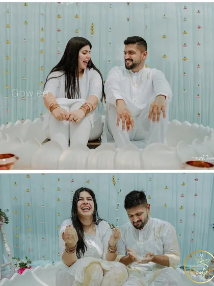 Candid moments of laughter and joy as the couple participates in their Haldi rituals.