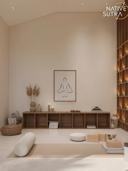 The yoga and meditation corner of the in-home spa. With high ceilings, minimal art, and a low wooden console for essentials, this space is designed for mindfulness, slow mornings, and quiet reflection.