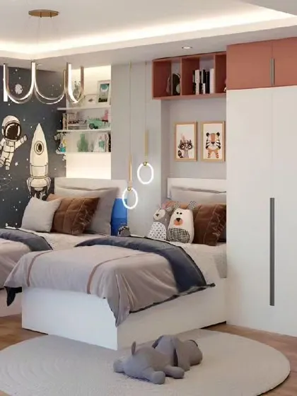 A space-themed shared bedroom for three children. The design features an astronaut and rocket wall mural, clever storage solutions, and modern pendant lighting.