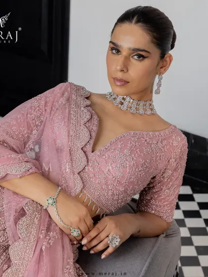 A close-up of the blush lehenga, highlighting the delicate sequin detailing and the plunging neckline.