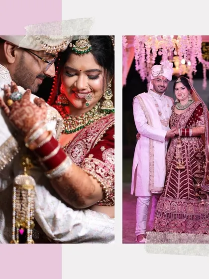 A diptych of the couple on their wedding day. It combines a close-up, intimate moment with a more formal full-length portrait, showing both the emotion and the elegance of the day.