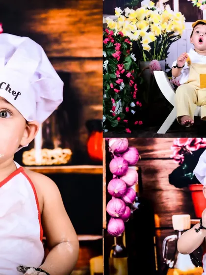 A collage showing a little chef and a floral-themed shoot.