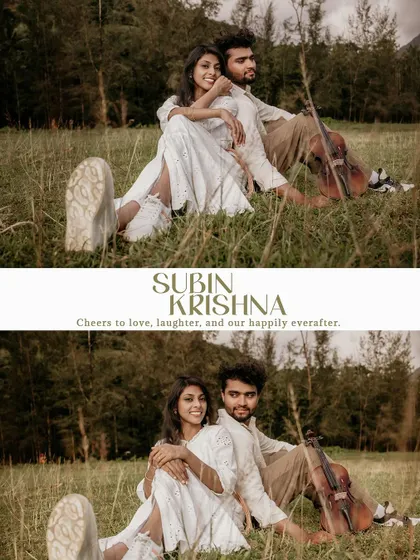 A collage of a couple relaxing in a field, personalized with their names for a save-the-date.