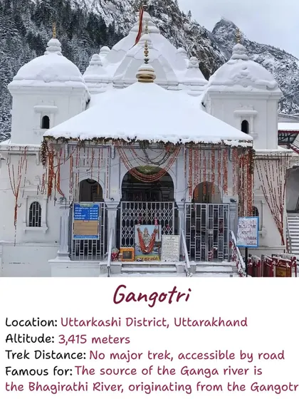 Details about Gangotri Dham. This image provides information about the temple, which is the source of the Ganga river and is accessible by road, requiring no major trek.
