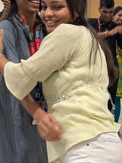 A happy moment of celebration after winning a team-building game.